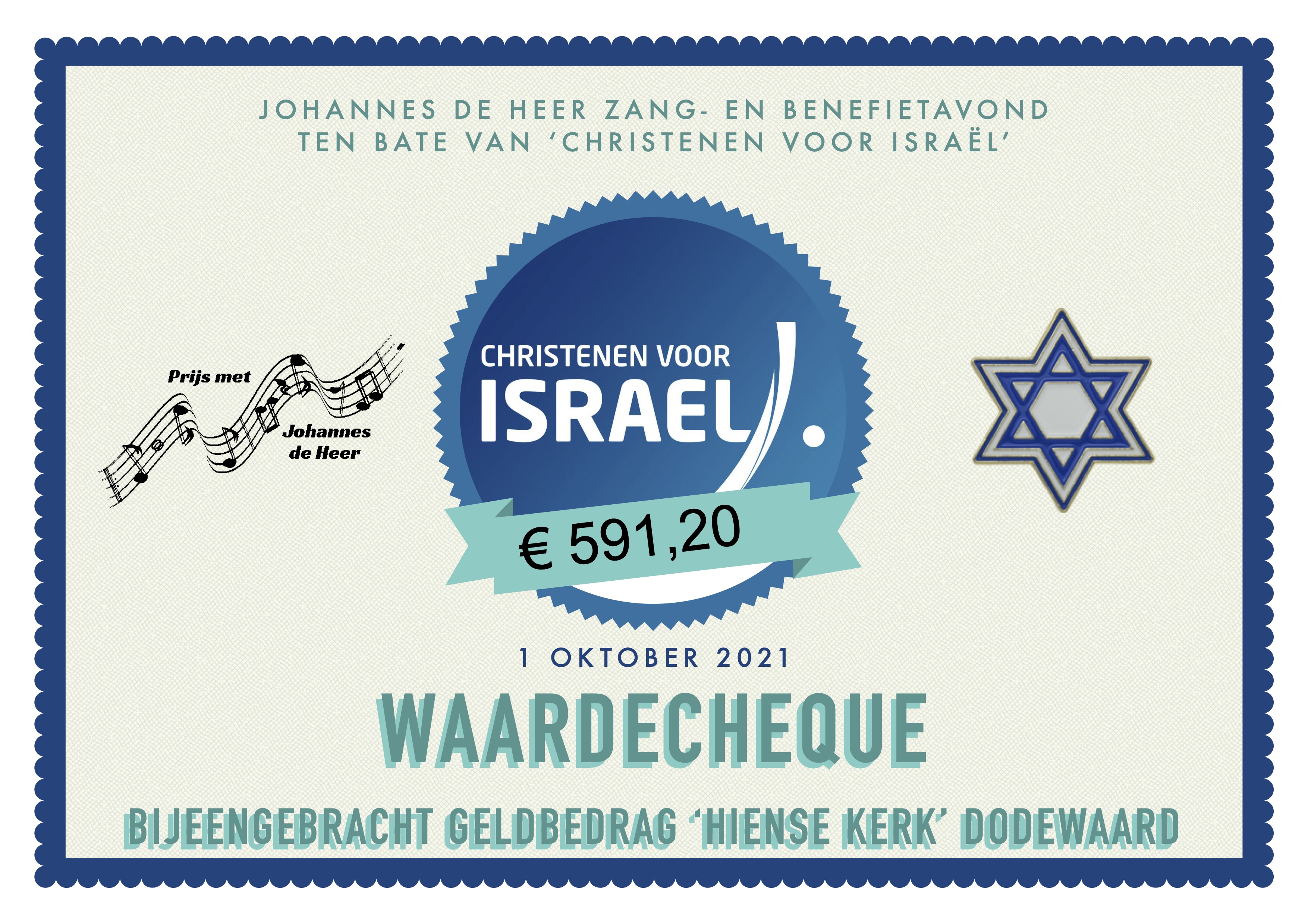 Waardecheque JdH zang en benefietavond Hiense kerk Dodewaard (20 maart 2020)